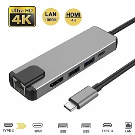 USB Type-C to 5-in-1 USB C Adapter with 4K USB C to HDMI, Ethernet Port, 2 USB 3.0 Ports