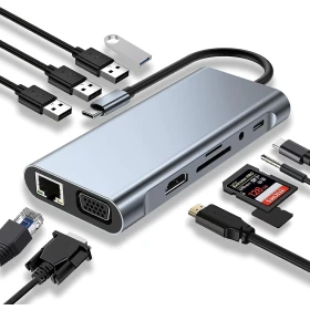 USB TYPE C to LAN, USB C, SD, USB 3.0, AUDIO, HDMI, VGA 11 in 1 adapter